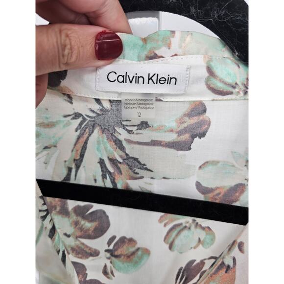 Calvin Klein Floral White Half Sleeve Knee Length Button Front Dress Size 12 - Picture 4 of 6